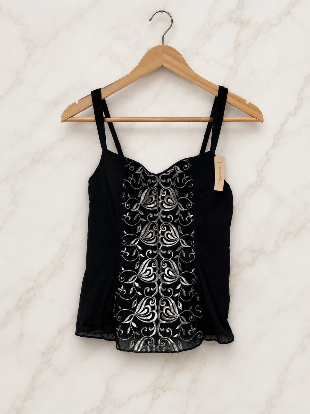 Ambrielle Black Embroidered Satin Cami Top - Size M